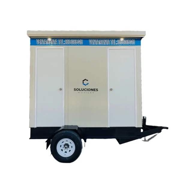 Remolque sanitario 12x7 pies color beige y gris de Soluciones Móviles, ideal para eventos, obras o renta temporal.
