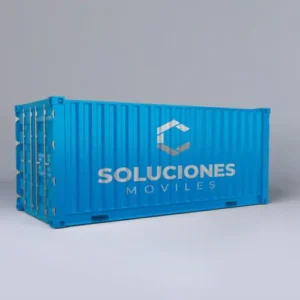 contenedor-de-20-pies-soluciones-moviles-perspectiva Contenedor de 20 pies azul con logotipo de Soluciones Móviles en vista en perspectiva