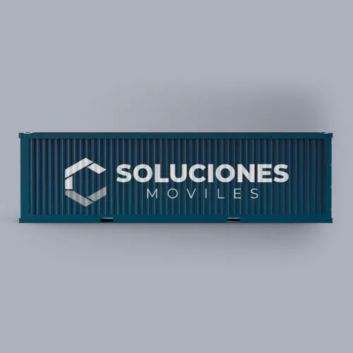 contenedor-maritimo-40-pies-soluciones-moviles-lateral.webp Contenedor marítimo 40 pies azul con logotipo de Soluciones Móviles en vista lateral